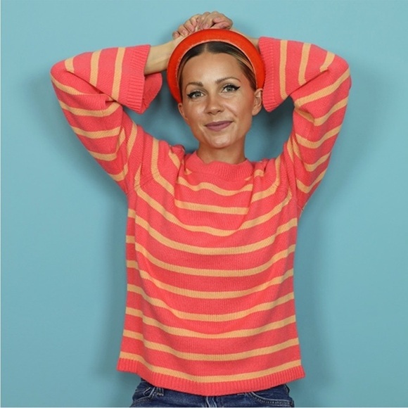 Halogen x Atlantic Pacific Cathy Stripe Sweater Coral Crewneck Tropical Sz M NEW - Picture 1 of 9